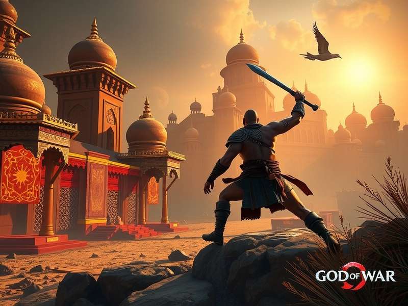 Kratos and Atreus looking towards a mystical landscape in God of War