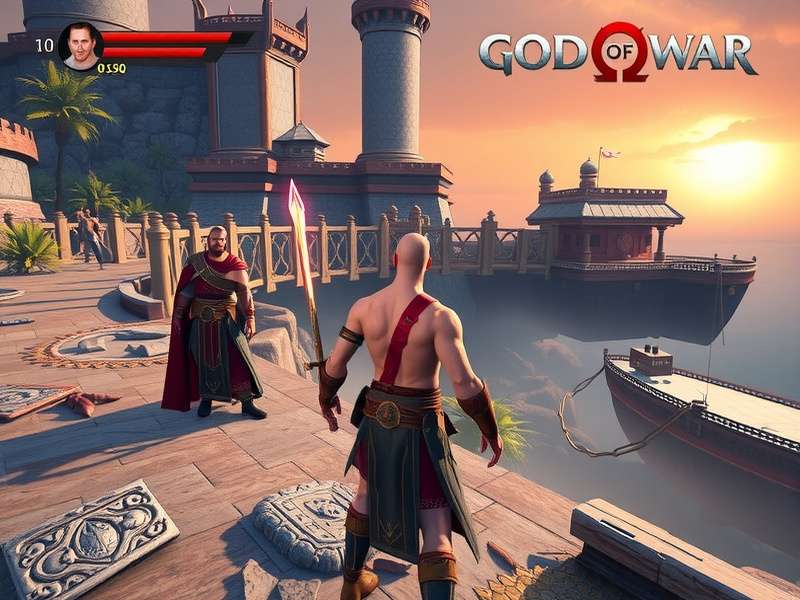 Concept art teasing the future setting of God of War with Egyptian pyramids and Norse ruins blending