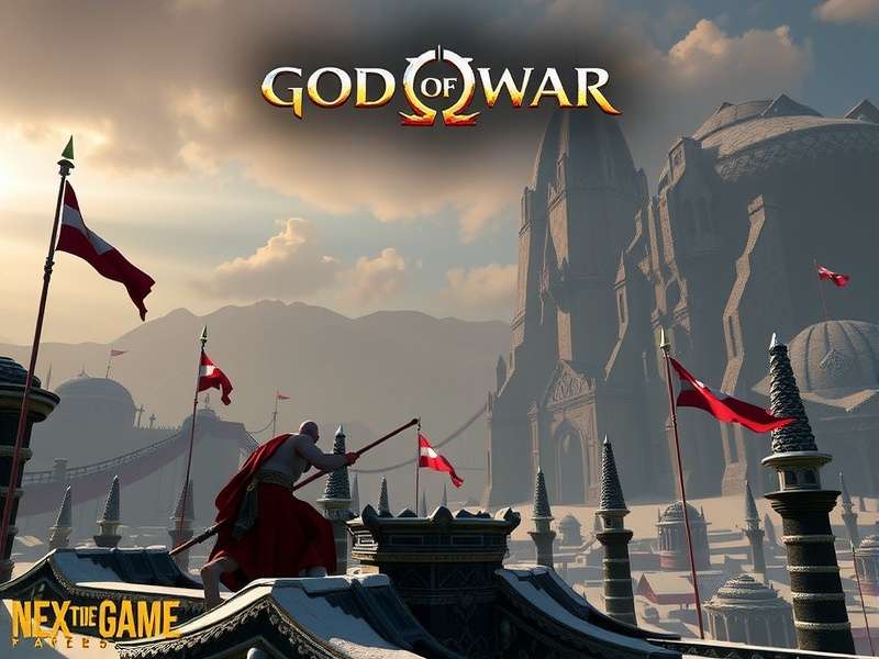 Next God Of War Game concept art showing Kratos in a new mythological realm with pyramids and desert landscape